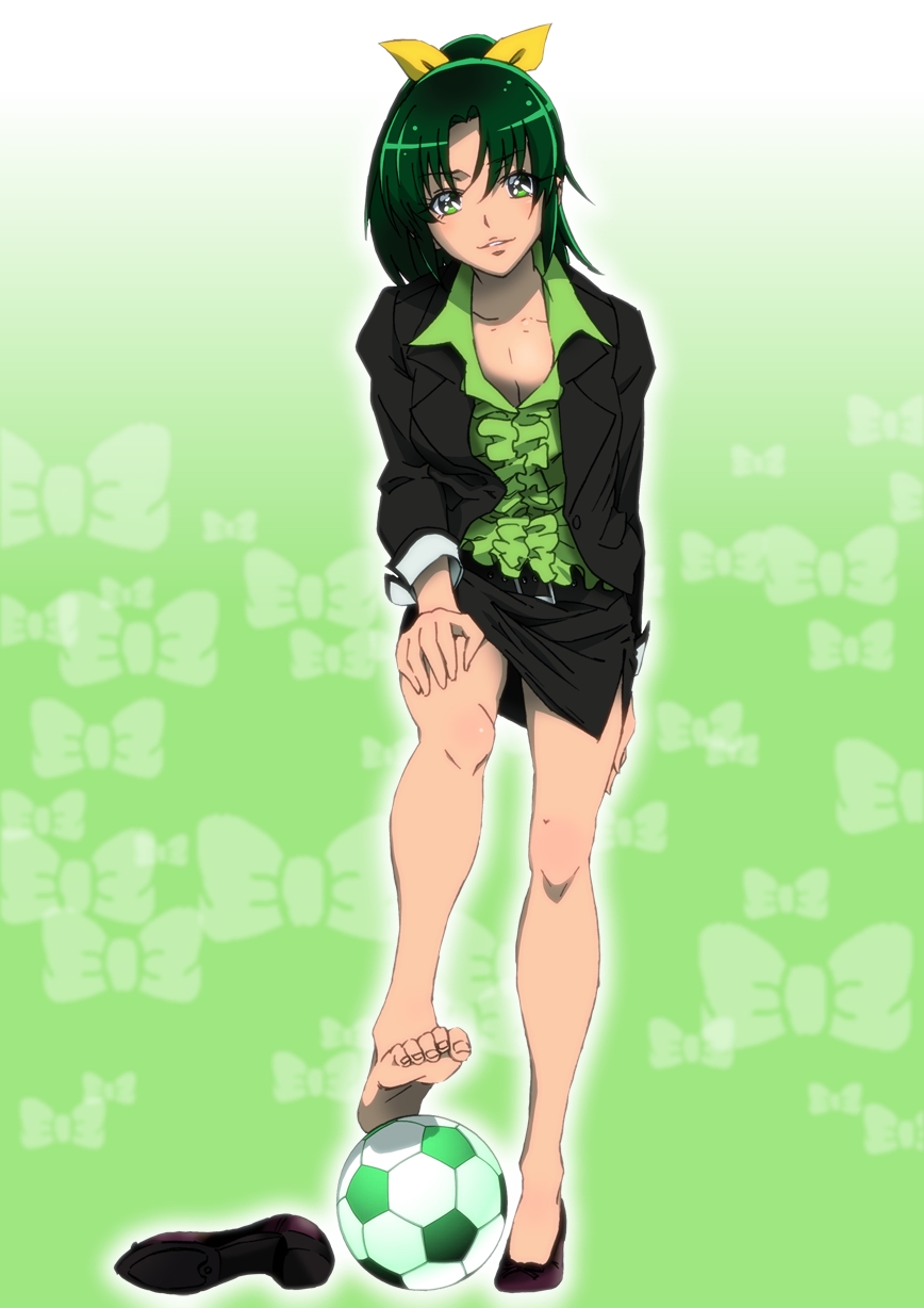 adult ball bare_legs barefoot belted belted_dress bow clasped_dress constrained_dress cramped_dress feet formal girded_dress gorou_(pixiv3249935) gradient gradient_background green_background green_eyes green_hair green_shirt hair_ribbon hand_on_thigh highres jacket jammed_dress leg_lift looking_at_viewer midorikawa_nao office_lady peke_(pixiv1607147) pinched_dress ponytail precure pressed_dress ribbon ribboned_dress shirt side_slit single_shoe skirt skirt_suit slinky_dress smile_precure! snug_dress soccer soccer_ball solo standing suit tight_dress yellow_ribbon
