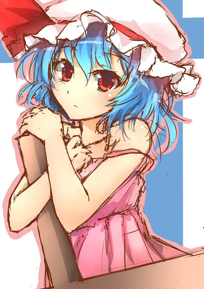 bare bare_shoulders blue_hair hat mushiboy red_eyes remilia_scarlet shoulders solo touhou wings