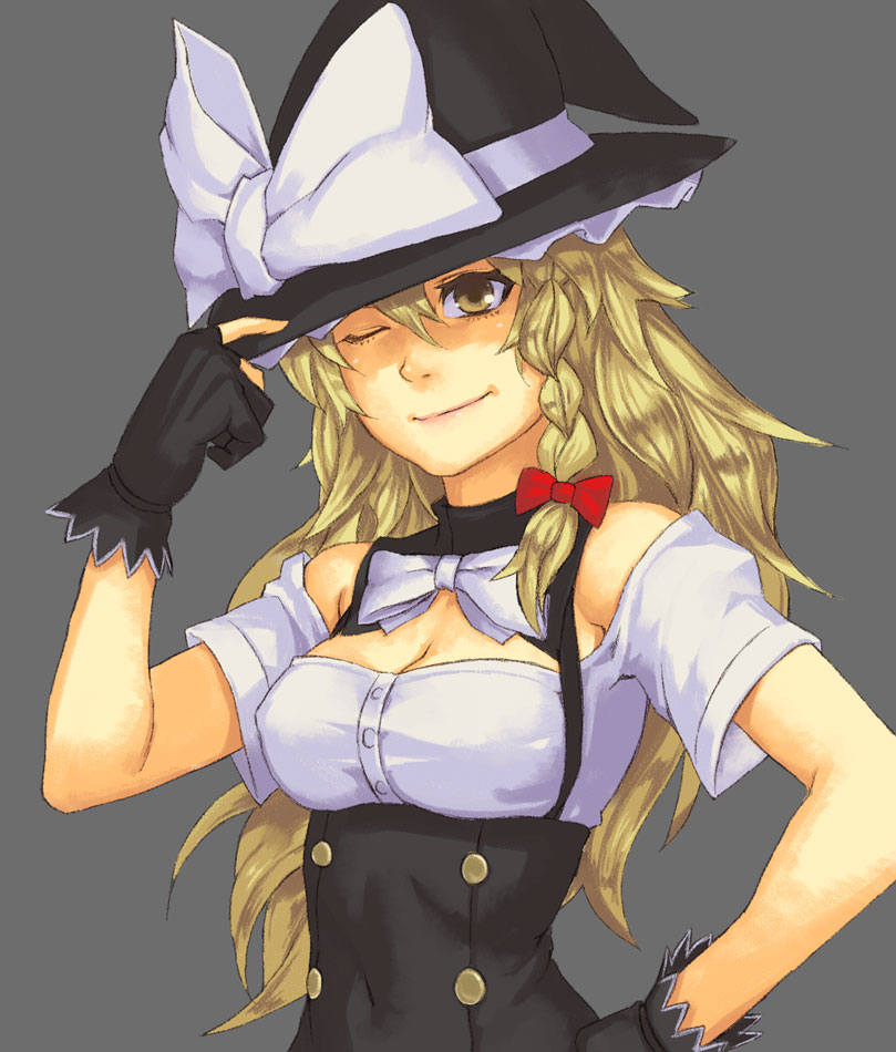 and blonde_hair bow braid breasts bust cleavage fingerless_gloves gloves grey_background hair_bow hand_on_hat hand_on_hip hat hat_bow hips kirisame_marisa long_hair simple_background smile solo touhou wink witch witch_hat yellow_eyes