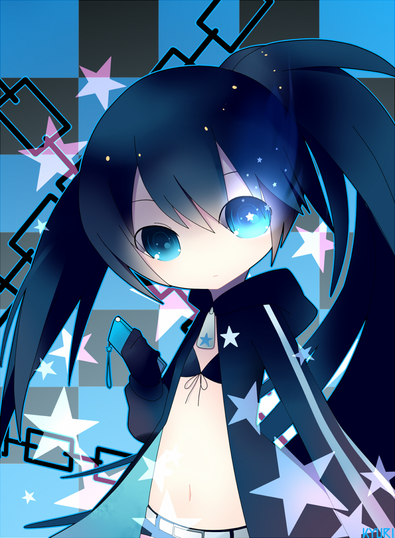 bikini_top black_hair black_rock_shooter black_rock_shooter_(character) blue_eyes cellphone chain chains checkered checkered_background coat glowing glowing_eye kyuri_(405966795) phone solo star twintails