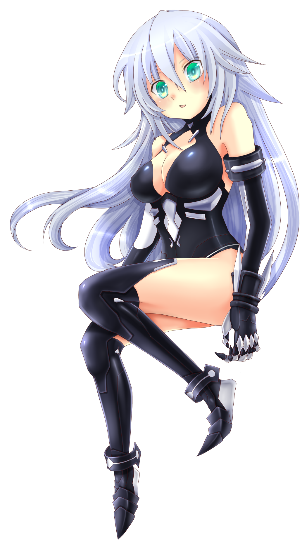 aqua_eyes bare_shoulders black_heart blush breasts choujigen_game_neptune cleavage cleavage_cutout highres large_breasts long_hair mon_tomo noire open_mouth silver_hair solo transparent_background very_long_hair white_hair