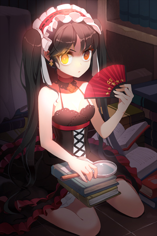 bare_arms bare_shoulders black_hair book choker detached_collar dress fan frilled_dress frills gilse gs_5th_star heterochromia holding long_hair lowres magnifying_glass maid_headdress open_book resized sitting solo sword_girls twintails very_long_hair wariza yellow_eyes