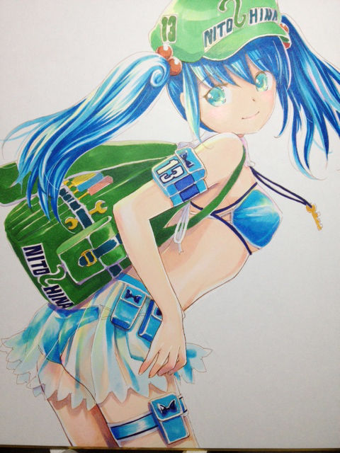 alternate_costume alternate_hair_length alternate_hairstyle backpack bag bare_shoulders blue_hair blue_panties hair_bobbles hair_ornament hat jewelry kawashiro_nitori key leaning_forward mayo_riyo necklace panties race_queen racequeen randoseru see-through shikishi smile solo touhou traditional_media twintails underwear wrench