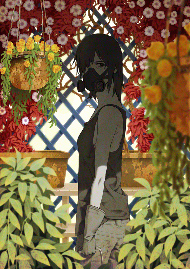 arasdel blurry brown_eyes brown_hair depth_of_field flower gas_mask gloves hair_over_one_eye looking_back original plant potted_plant shade short_hair solo standing sunlight