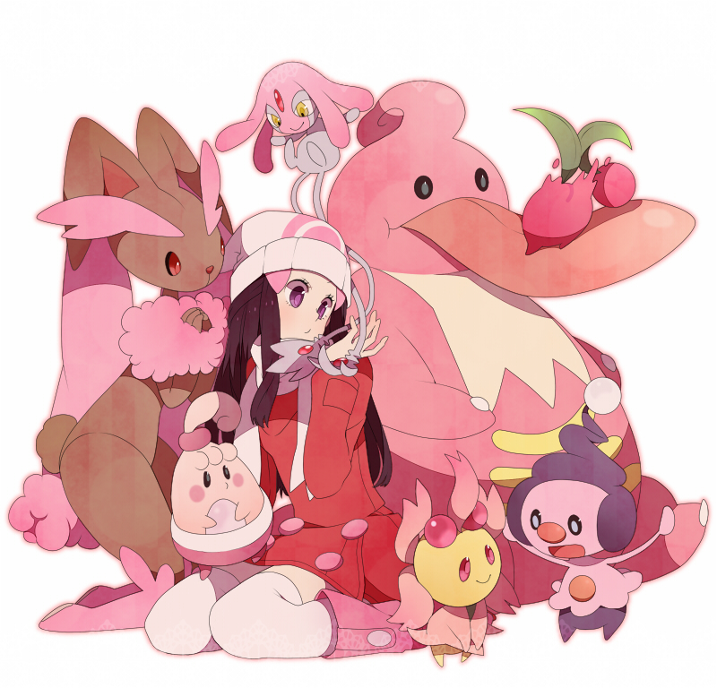 1girl alternate_color beanie black_eyes black_hair boots bunny cherrim cherubi coat creature dress egg eyebrows flat_chest hair_ornament happiny hat hikari_(pokemon) hikari_(pokemon)_(remake) kneeling komasawa_(fmn-ppp) lickilicky long_hair looking_down lopunny mesprit mime_jr. open_mouth pink pink_eyes pink_hair pink_skin pokemon pokemon_(creature) pokemon_(game) pokemon_dppt purple_eyes red_dress scared scarf shiny_pokemon simple_background sitting smile thighhighs tongue tongue_out wariza white_background white_legwear winter_clothes yellow_eyes zettai_ryouiki