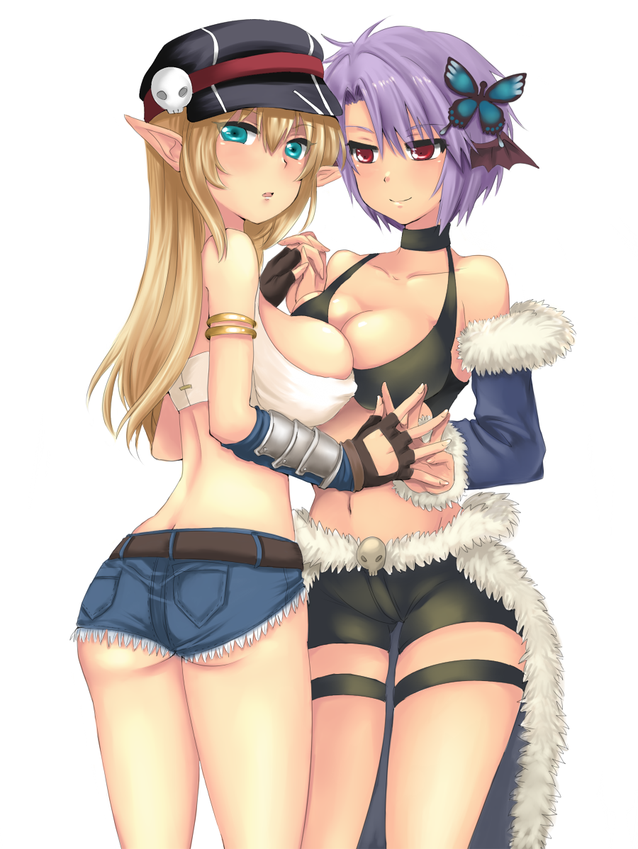 armlet ass bare_shoulders blonde_hair breasts butterfly_hair_ornament cleavage cutoffs denim denim_shorts detached_sleeves elf erect_nipples fingerless_gloves fur_trim gloves hair_ornament hand_holding hat head_wings holding_hands interlocked_fingers large_breasts long_hair looking_at_viewer looking_back pointy_ears purple_hair ragnarok_online red_eyes short_hair short_shorts shorts simple_background smile stalker tank_top uzuki_kouta vambraces white_background whitesmith