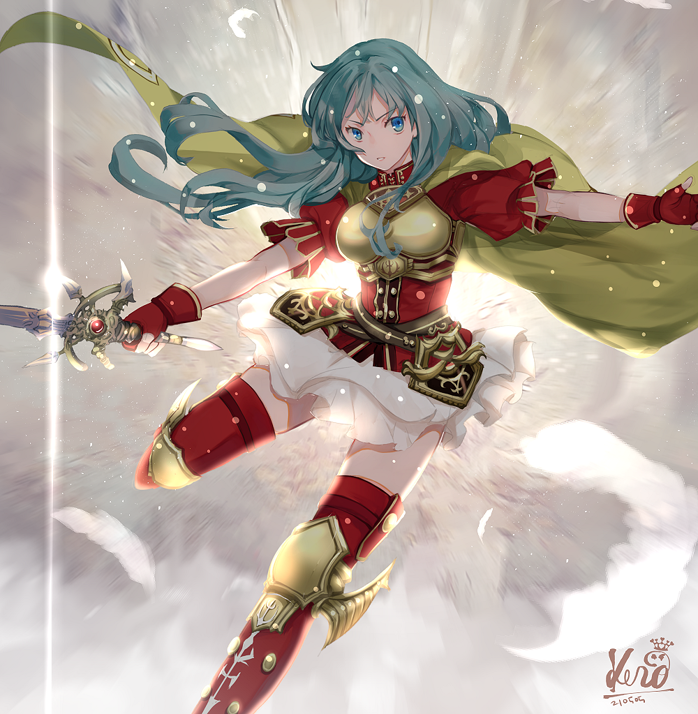 1girl armor artist_name blue_eyes blue_hair boots breastplate breasts cape dated eirika_(fire_emblem) fingerless_gloves fire_emblem fire_emblem:_the_sacred_stones fire_emblem_heroes gloves holding holding_sword holding_weapon jewelry kero_sweet looking_away red_gloves red_legwear short_sleeves signature skirt solo sword thigh-highs thigh_boots weapon white_skirt