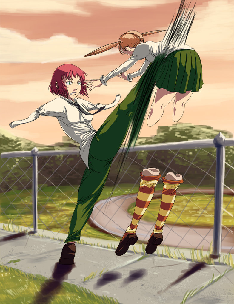 amputee angry blonde_hair cloud fence from_behind green_eyes ibarazaki_emi katawa_shoujo kicking kneehighs multiple_girls necktie ouch prosthesis red_hair redhead school_uniform shoes skirt solidcow speed_lines tezuka_rin twintails violence what