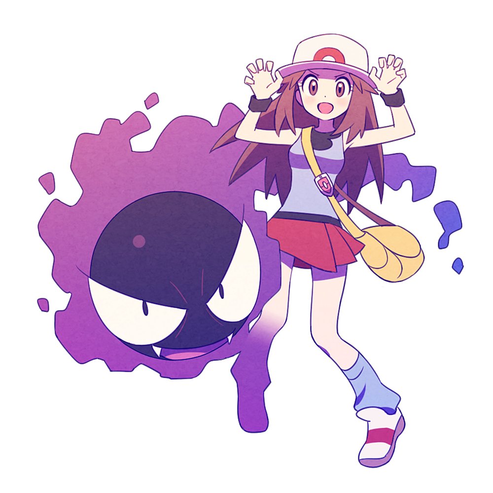 1girl :d agata_(agatha) bag blue_(pokemon) blue_legwear brown_eyes brown_hair claw_pose dot_nose full_body gastly gen_1_pokemon handbag hat leg_warmers long_hair looking_at_viewer miniskirt open_mouth pokemon pokemon_(creature) pokemon_(game) pokemon_frlg porkpie_hat red_skirt shoes simple_background skirt smile solo tank_top v-shaped_eyebrows white_background white_footwear white_hat wristband