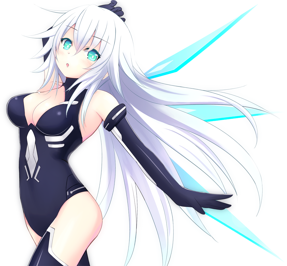 :o aqua_eyes arm_up bare_shoulders black_heart blush breasts choujigen_game_neptune cleavage cleavage_cutout ears elbow_gloves gloves kiri_frog kirimoti34 looking_back noire open_mouth raised_eyebrows solo white_hair