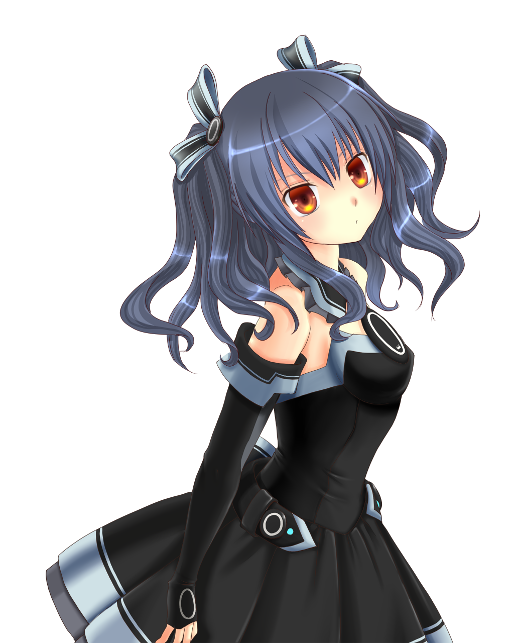 bare_shoulders black_hair bow choujigen_game_neptune choujigen_game_neptune_mk2 elbow_gloves expressionless gloves hair_bow hair_ornament highres long_hair looking_at_viewer mon_tomo red_eyes solo transparent_background uni_(choujigen_game_neptune)