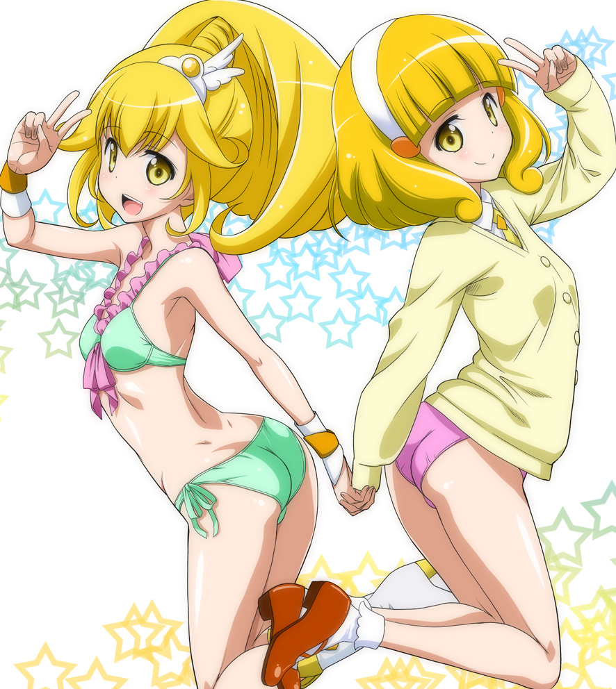 :d ass bikini blonde_hair blush boots cure_peace dual_persona green_bikini hair_ornament hairband hand_holding holding_hands kise_yayoi looking_at_viewer marugoshi_teppei multiple_girls necktie no_pants open_mouth precure shoes short_hair side-tie_bikini simple_background smile smile_precure! star sweater swimsuit v yellow_eyes