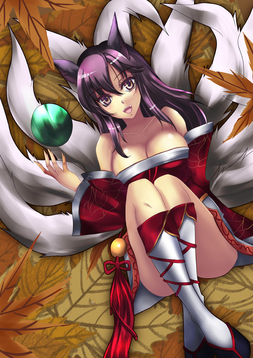 a-na ahri animal_ears ball bare_shoulders black_hair breasts cleavage detached_sleeves fox_ears fox_tail high_heels highres leaf league_of_legends long_hair looking_at_viewer shoes tail