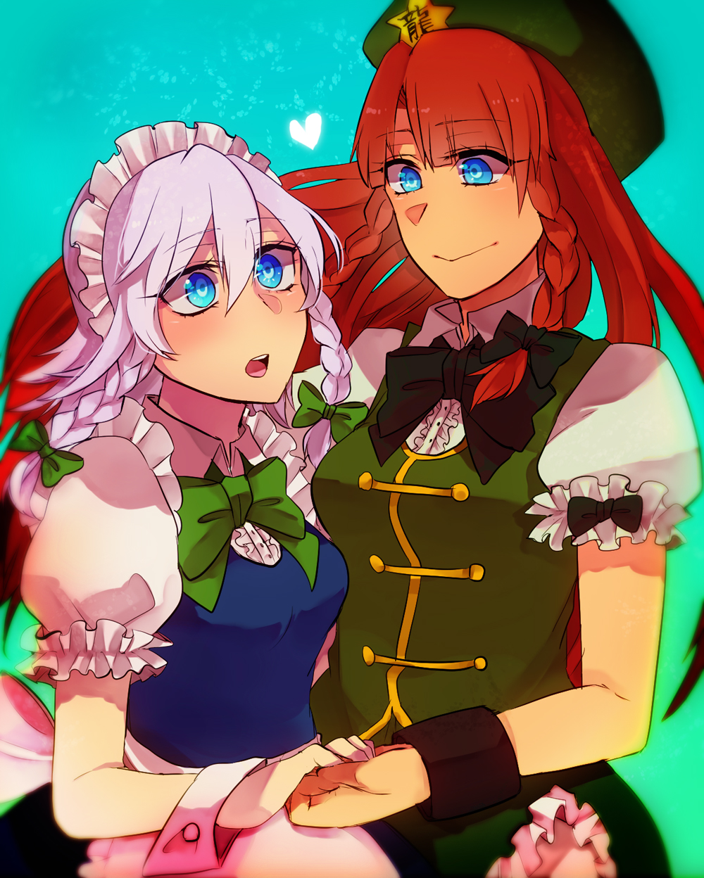 beret blue_eyes blurry bow braid frilled_sleeves hand_holding hat heart highres holding_hands hong_meiling izayoi_sakuya lavender_hair lgw7 long_hair maid maid_headdress multiple_girls red_hair redhead short_hair short_sleeves the_embodiment_of_scarlet_devil touhou twin_braids wrist_cuffs wristband