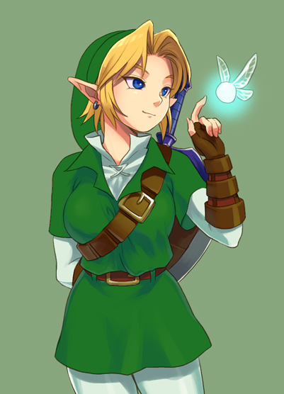 bad_id blonde_hair blue_eyes breasts fairy female genderswap gloves green green_background hat jewelry link navi nintendo ocarina_of_time pantyhose shiwashiwa_no_kinchakubukuru simple_background solo the_legend_of_zelda tunic white_legwear