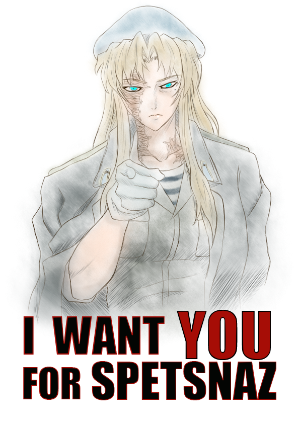 1girl balalaika beret black_lagoon blonde_hair blue_eyes english gloves hat i_want_you long_coat military mole parody paya pointing pointing_at_viewer poster propaganda scar solo spetsnaz text uncle_sam vdv