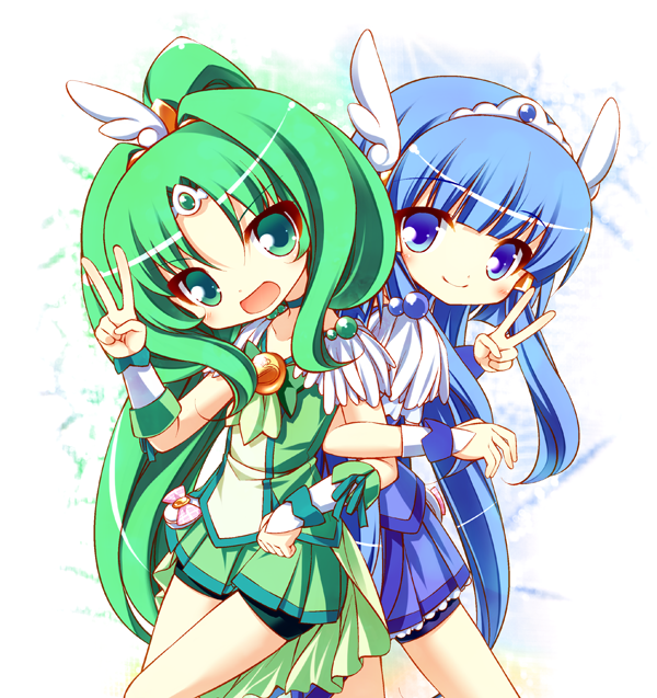 aoki_reika bike_shorts blue_dress blue_eyes blue_hair choker cure_beauty cure_march dress green_dress green_eyes green_hair hair_tubes head_wings locked_arms long_hair magical_girl midorikawa_nao multiple_girls payot ponytail precure shorts_under_skirt skirt smile smile_precure! teruui tiara tri_tails v white_background wrist_cuffs