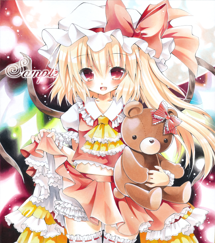 ascot ayuayu blonde_hair blush bow fang flandre_scarlet glowing glowing_wings lights marker_(medium) midriff navel open_mouth red_eyes sample shirt side_ponytail skirt skirt_lift skirt_set smile solo stuffed_animal stuffed_toy teddy_bear the_embodiment_of_scarlet_devil thigh-highs thighhighs touhou traditional_media white_legwear wings wrist_cuffs