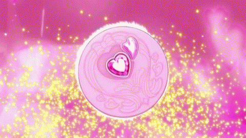 animated_gif blonde_hair blue_eyes candy_(smile_precure!) creature cure_candy cure_happy_pose heart henshin long_hair lowres no_humans pink pink_background precure smile smile_precure! tiara twintails