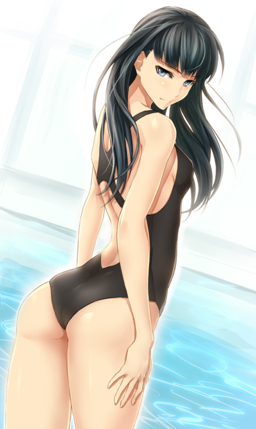 amagami ass ayatsuji_tsukasa black_hair blue_eyes competition_swimsuit dutch_angle from_behind lm long_hair looking_at_viewer looking_back one-piece_swimsuit shinon_(tokage_shuryou) solo swimsuit water