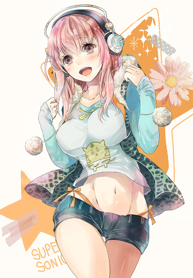 blush breasts cat_print character_name flower fur_trim headphones hips impossible_clothes impossible_shirt jacket large_breasts leopard_print long_hair midriff mound_of_venus navel nitroplus open_mouth orange_panties panties pink_eyes pink_hair short_hair short_shorts shorts side-tie_panties sk smile solo star super_sonico t-shirt thigh_gap underwear wide_hips