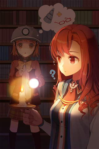 ? black_legwear book bookshelf brooch candle darkness drill drill_hair flashlight gilse glasses helmet holding jewelry lowres lucca multiple_girls open_mouth plaid plaid_skirt red_eyes red_hair redhead ribbon short_hair skirt sword_girls thigh-highs thighhighs thought_bubble vernika_answer