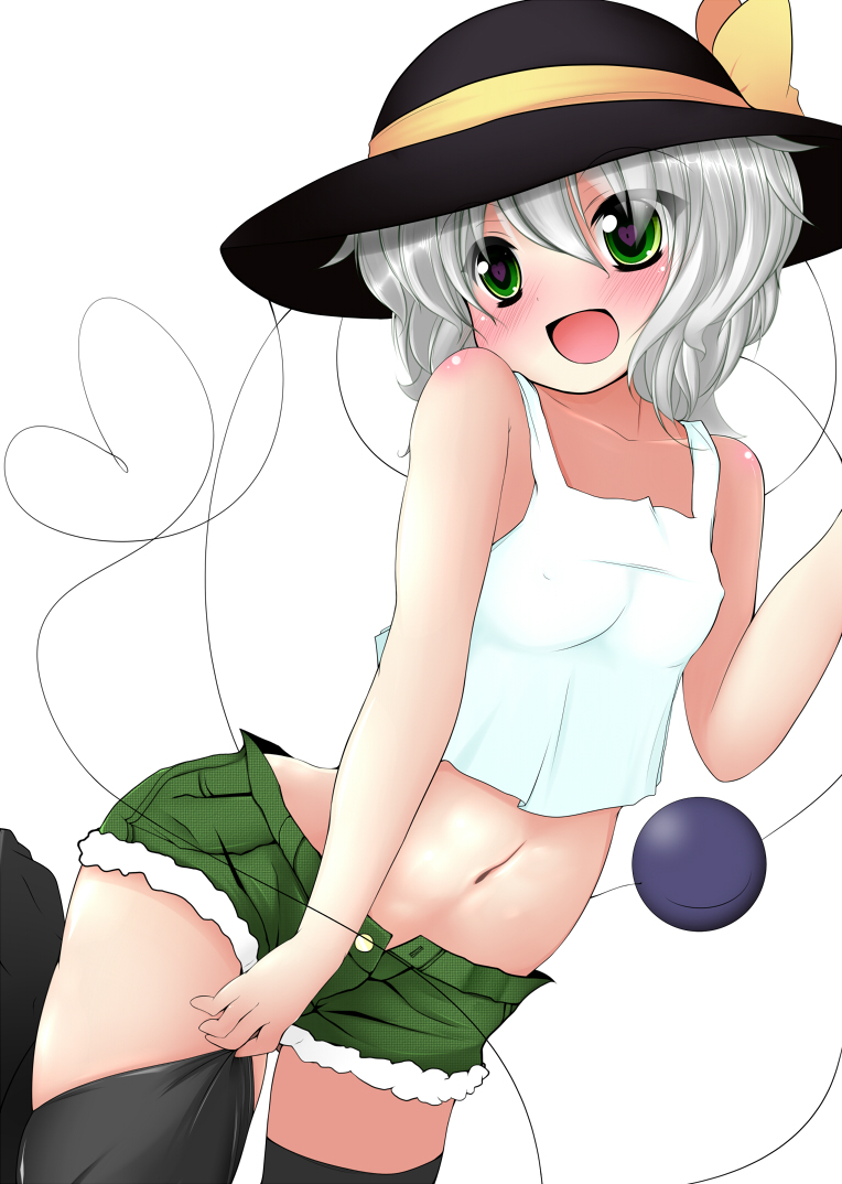 alternate_costume bakko black_legwear blush breasts casual contemporary cutoffs denim dressing erect_nipples eyeball green_eyes green_hair hat heart heart-shaped_pupils heart_of_string komeiji_koishi midriff navel open_mouth short_hair shorts smile solo symbol-shaped_pupils tank_top thigh-highs thighhighs third_eye touhou