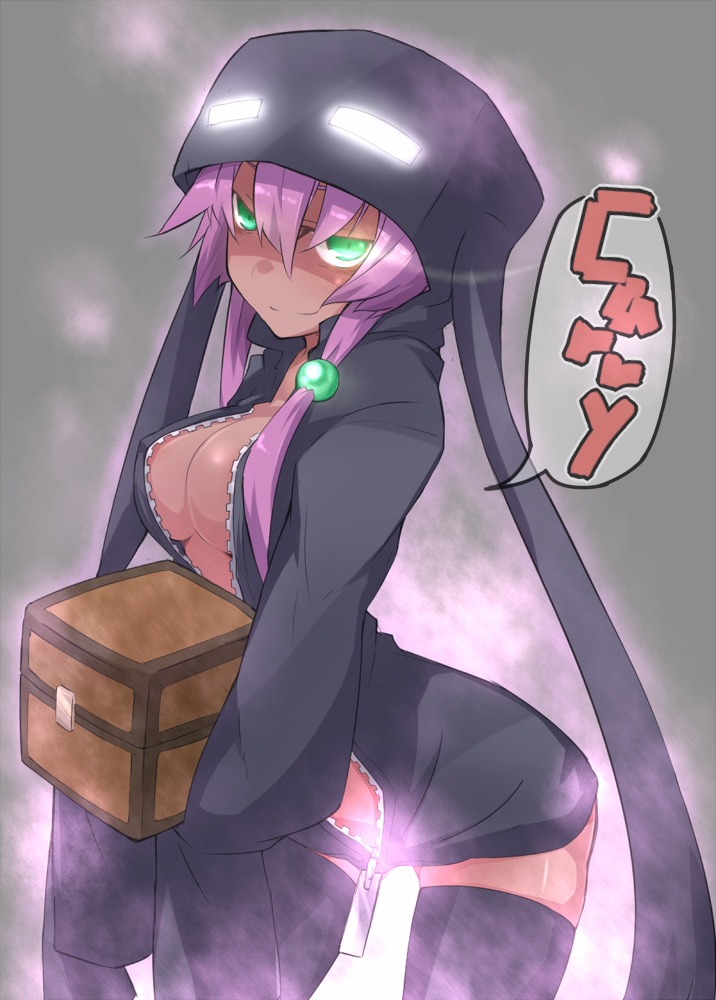 bare_chest black_legwear box breasts chest cleavage container dark_skin enderman glowing glowing_eyes green_eyes hair_ornament holding hoodie kazami_ryouya large_breasts long_hair long_sleeves minecraft naked_hoodie personification purple_hair shaded_face simple_background sleeves_past_wrists smile solo thigh-highs thighhighs zettai_ryouiki zipper