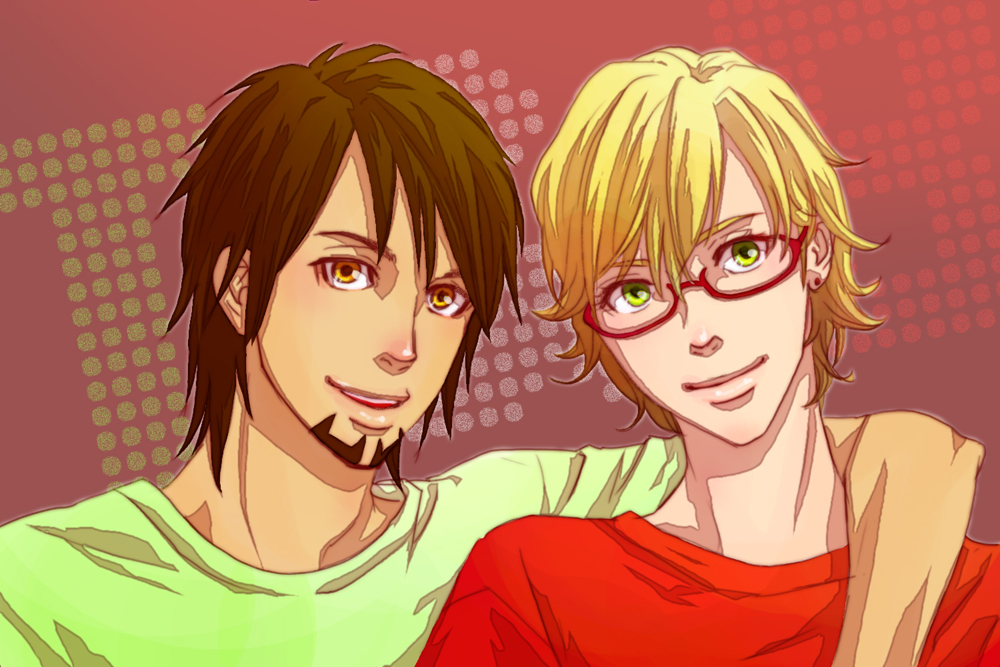 alternate_hairstyle arm_around_shoulder barnaby_brooks_jr blonde_hair earrings facial_hair glasses green_eyes jewelry kaburagi_t_kotetsu m-e1277 multiple_boys red-framed_glasses short_hair stubble t-shirt tiger_&amp;_bunny