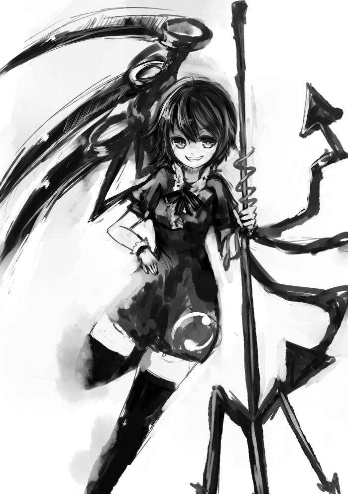 asymmetrical_wings grin hal360 hand_on_hip hips houjuu_nue monochrome polearm smile solo touhou trident weapon wings