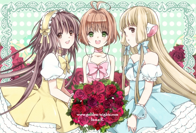 :d blonde_hair bouquet brown_eyes brown_hair card_captor_sakura cardcaptor_sakura chii child chobits creator_connection crossover dress flower green_eyes hairband hanato_kobato inma kinomoto_sakura kobato. long_hair multiple_girls open_mouth robot_ears rose short_hair smile