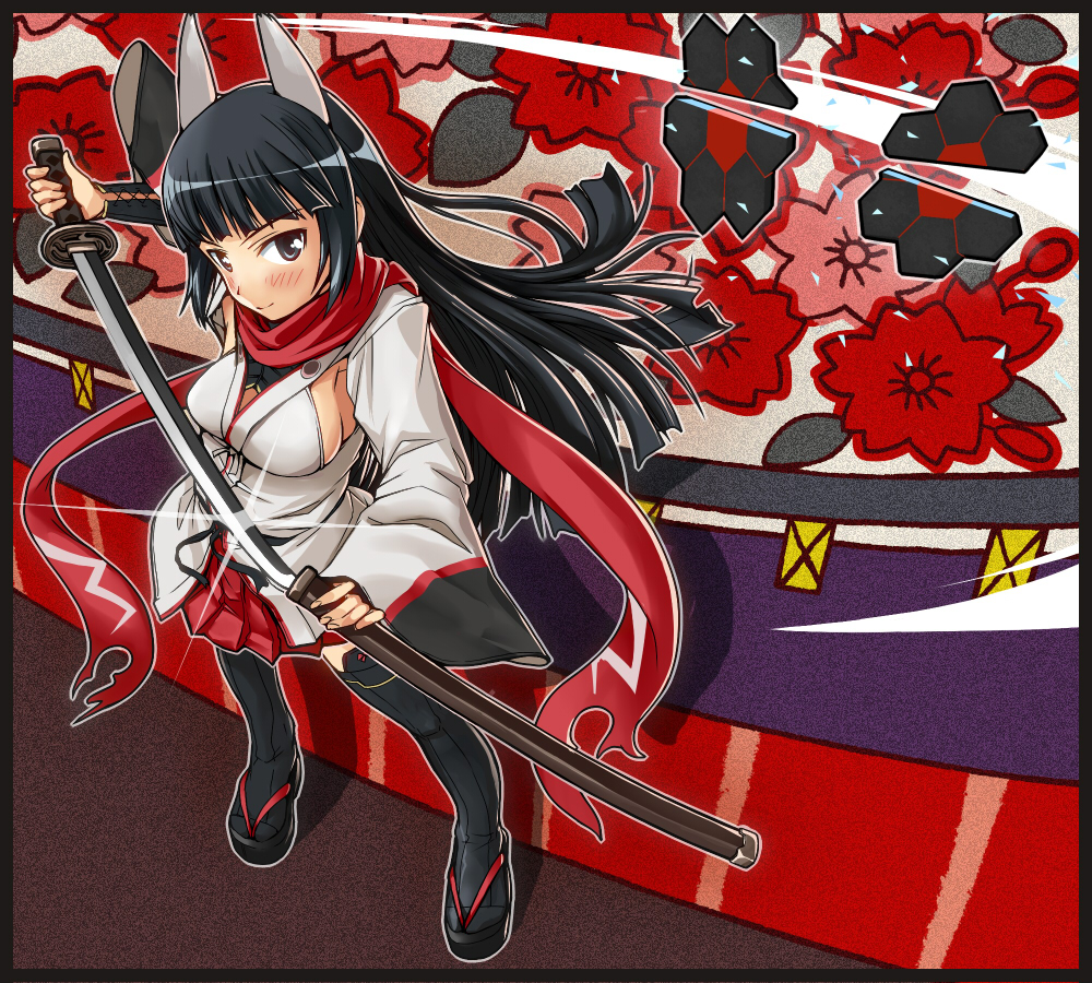 anabuki_tomoko animal_ears black_eyes black_hair breasts card card_background cherry_blossoms floral_background floral_print flower from_above hanafuda hi-ho- hime_cut japanese_clothes katana kimono long_hair looking_at_viewer red_scarf scarf sheath short_kimono sideboob solo strike_witches sword thigh-highs thighhighs unsheathing weapon wide_sleeves zouri