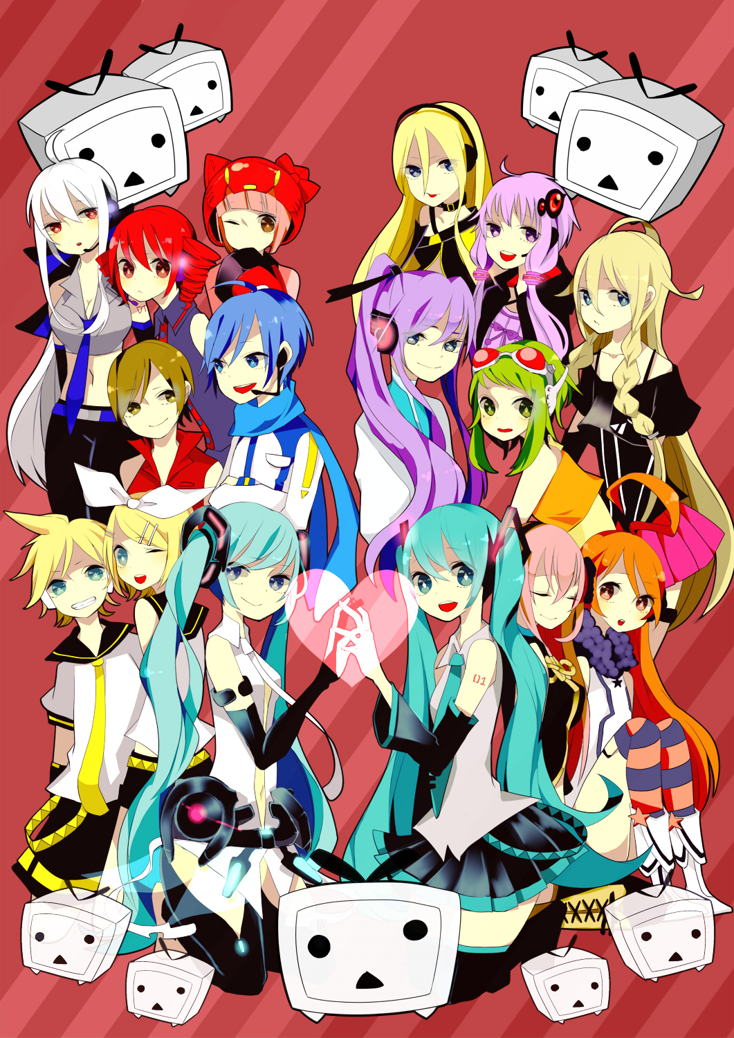 6+girls ;p aqua_eyes aqua_hair blonde_hair blue_eyes blue_hair detached_sleeves dual_persona earmuffs elbow_gloves gloves green_eyes green_hair gumi hair_ornament hair_ribbon hairclip hatsune_miku hatsune_miku_(append) headphones highres ia_(vocaloid) kagamine_len kagamine_rin kaito kamui_gakupo kasane_teto lily_(vocaloid) long_hair looking_at_viewer megurine_luka meiko miku_append multiple_boys multiple_girls necktie nekomura_iroha nico_nico_douga open_mouth pink_hair purple_eyes purple_hair red_eyes red_hair redhead ribbon scarf sf-a2_miki short_hair skirt smile thigh-highs thighhighs tongue twintails uomiya_naname utau violet_eyes vocaloid vocaloid_append white_hair wink yowane_haku yuzuki_yukari