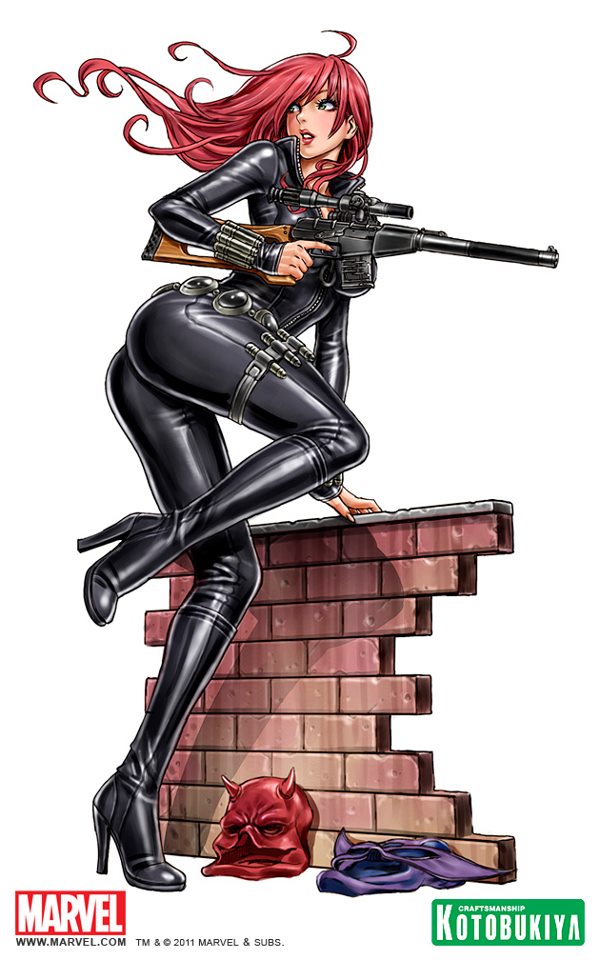 1girl ass black_footwear black_widow black_widow_(marvel) bodysuit boots brick_wall female full_body green_eyes gun high_heel_boots high_heels holding holding_gun holding_weapon long_hair looking_away looking_back marvel mask parted_lips red_hair redhead rifle shoes simple_background skin_tight sniper_rifle solo vss_vintorez weapon yamashita_shun'ya