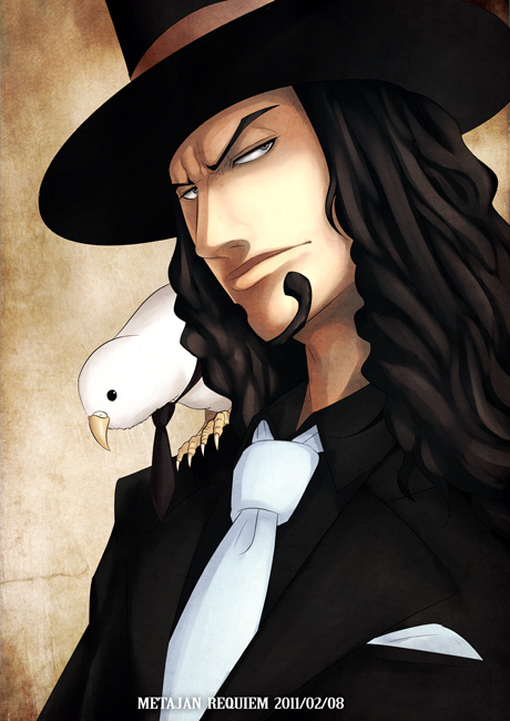 bird black_hair black_shirt brown_eyes dated facial_hair goatee hat hattori_(one_piece) kei-suwabe long_air looking_at_viewer male necktie one_piece perch pigeon rob_lucci solo