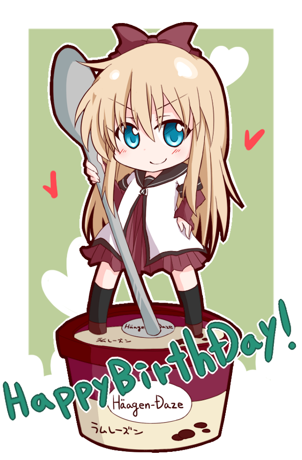 birthday blonde_hair blue_eyes bow brand_name_imitation chibi haagen-dazs hair_bow hand_on_hip happy_birthday hayate08 heart hips kashiwa_mochi_(espoir) long_hair rum_raisin school_uniform serafuku smile solo spoon standing thigh-highs thighhighs toshinou_kyouko yuru_yuri zettai_ryouiki