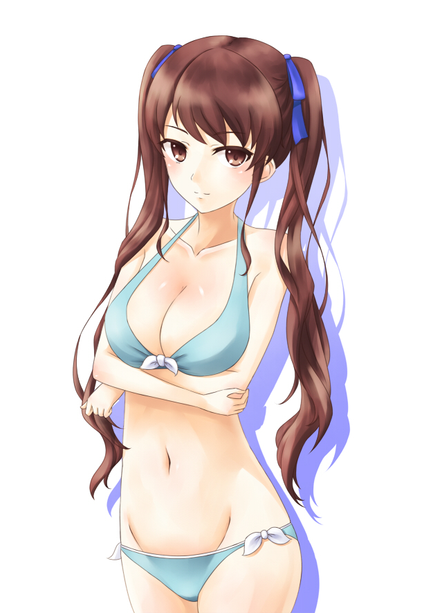 akazawa_izumi another aoi_usagi bikini blush body_blush bow breasts brown_hair cleavage hair_bow large_breasts long_hair looking_at_viewer mound_of_venus navel side-tie_bikini swimsuit twintails