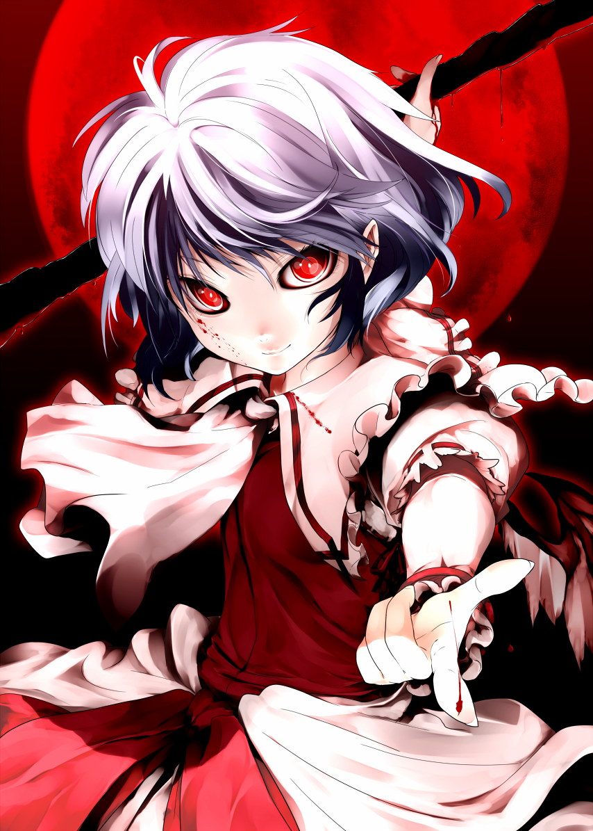 arm_up ascot blood blood_on_face bloody_clothes blue_hair chikado colored come_hither dress dripping face full_moon hands long_sleeves moon no_hat no_headwear polearm red_dress red_eyes red_moon remilia_scarlet sash short_hair smile solo tengoku touhou weapon wrist_ribbon