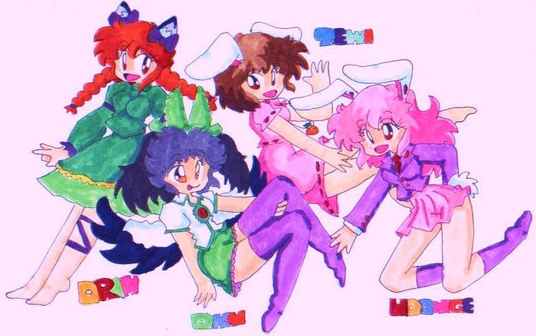 black_hair bunny_ears cat_ears cat_tail doka dress inaba_tewi kaenbyou_rin purple_hair reisen_udongein_inaba reiuji_utsuho retro short_hair tail touhou traditional_media