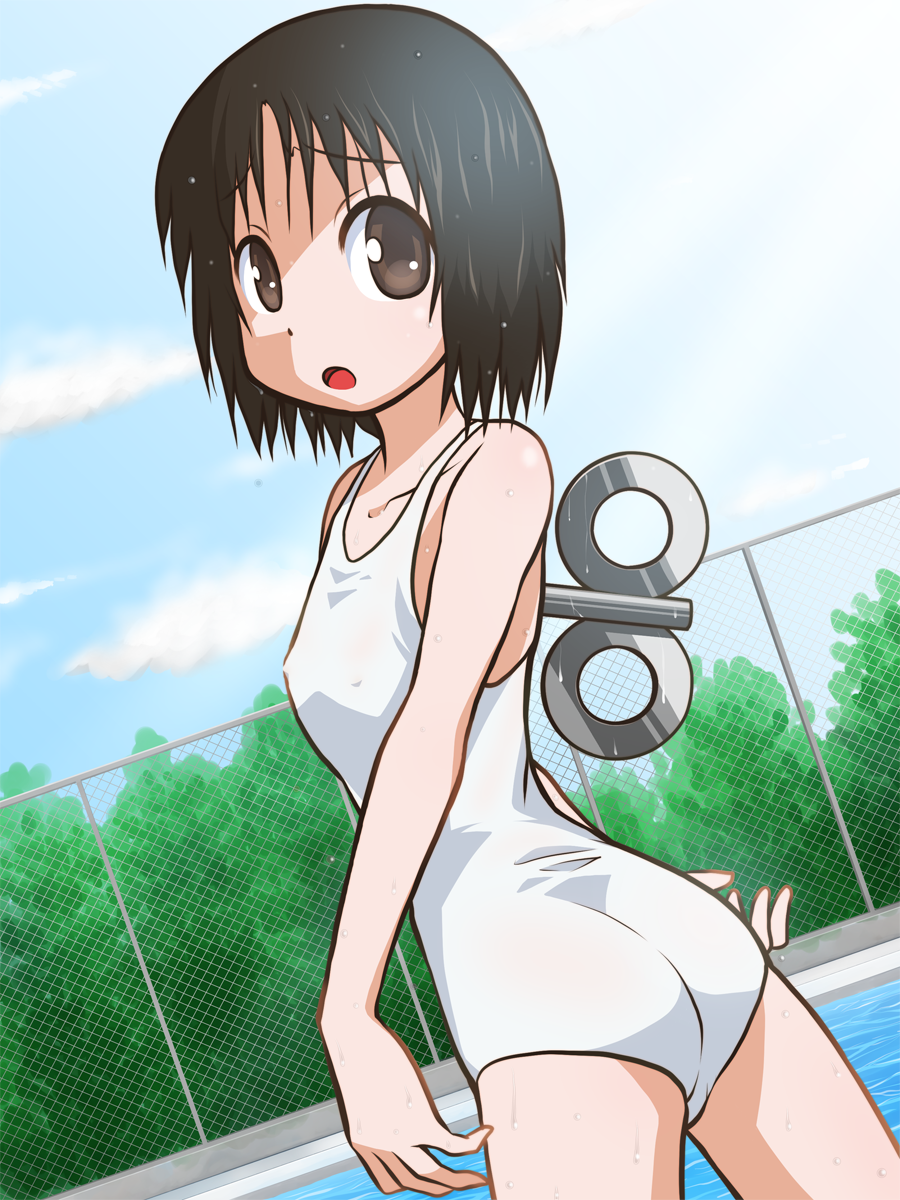 :o bare_shoulders black_eyes black_hair blue_sky cloud collarbone dutch_angle fence highres looking_back nichijou okiami2009 one-piece_swimsuit pool shinonome_nano short_hair sky solo standing swimsuit tree wet white_swimsuit winding_key
