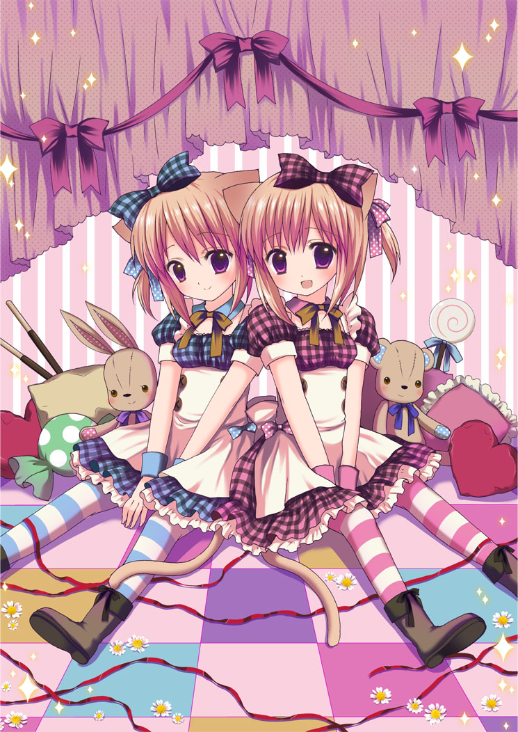 animal_ears brown_hair candy cat_ears cat_tail kuromaru looking_at_viewer multiple_girls open_mouth original pantyhose pocky purple_hair ribbon siblings smile striped striped_legwear stuffed_animal stuffed_toy tail teddy_bear twins twintails v_arms