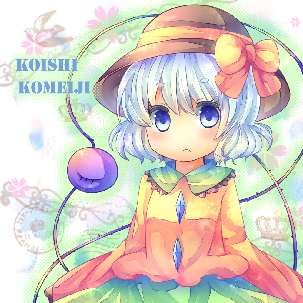 bird blue_eyes blush bow crown flower hat hat_bow komeiji_koishi long_sleeves pjrmhm_coa shirt short_hair silver_hair skirt solo third_eye touhou vines