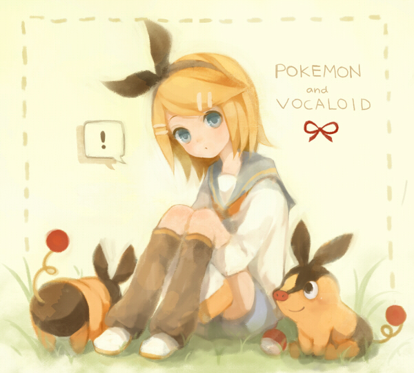 1girl blonde_hair blue_eyes crossover grass hair_ornament hairband hairclip hands_under_legs kagamine_rin leg_hug mikanniro poke_ball pokemon pokemon_(creature) pokemon_(game) pokemon_bw sitting sleeves_past_wrists speech_bubble tepig title_drop vocaloid