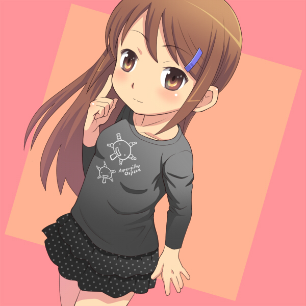 brown_eyes brown_hair child hair_ornament hairclip hand_on_own_face light_smile long_hair long_sleeves looking_at_viewer meow_(nekodenki) original polka_dot simple_background skirt solo t-shirt