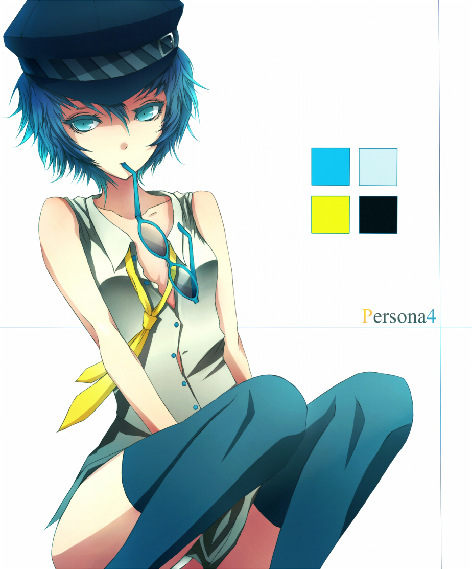 ass bare_shoulders blue_eyes blue_hair breasts cabbie_hat flat_chest hat legs looking_at_viewer mk278 necktie panties persona persona_4 shirogane_naoto short_hair simple_background sitting solo thigh-highs thighhighs tie_between_breasts title_drop underwear zettai_ryouiki
