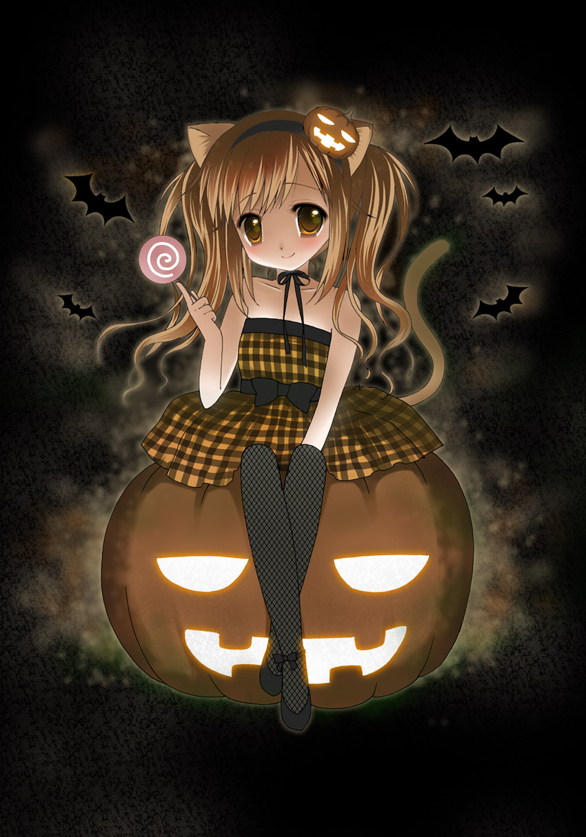 animal_ears bat blush brown_hair cat_ears copyright_request fishnet_pantyhose fishnet_stockings fishnets flat_chest halloween highres jack-o'-lantern jack-o'-lantern kuromaru long_hair looking_at_viewer pantyhose smile solo thigh-highs twintails