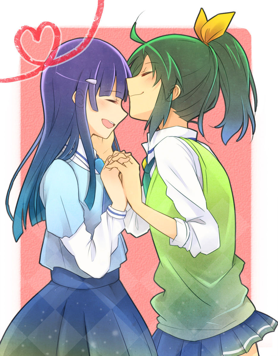 aoki_reika blue_hair blush bow green_hair hair_bow hair_ornament hairclip hand_holding heart heart_of_string holding_hands kaisenko long_hair long_sleeves midorikawa_nao multiple_girls necktie pink_background ponytail precure school_uniform skirt sleeves_rolled_up smile_precure! sweater_vest yuri