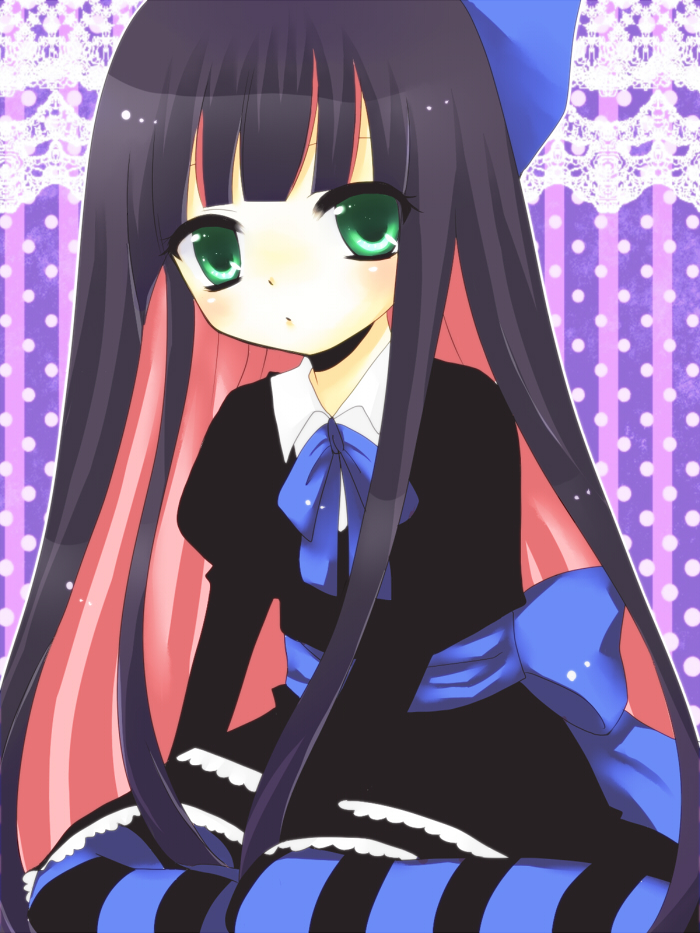 blush dress flat_chest goth green_eyes long_hair multicolored_hair panty_&amp;_stocking_with_garterbelt solo stocking_(character) stocking_(psg) striped striped_legwear thighhighs two-tone_hair very_long_hair yumemomosaka