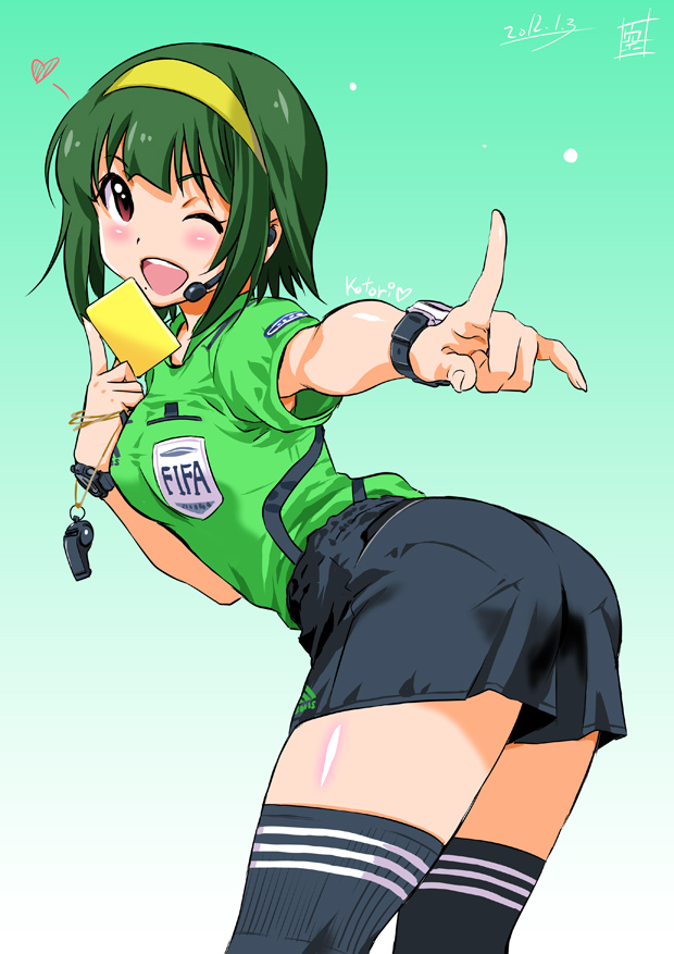 adidas ass bent_over breasts dated green_hair hairband headset idolmaster inoue_sora open_mouth otonashi_kotori pantylines penalty_card pointing red_eyes referee short_hair shorts soccer_uniform solo sportswear thigh-highs thighhighs watch whistle wink wristwatch yellow_card