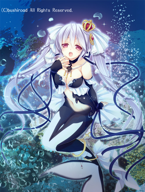 bermuda_triangle braid breasts bubble cardfight!!_vanguard cleavage crown hair_ornament large_breasts long_hair mermaid monster_girl natsume_eri navel open_mouth red_eyes silver_hair tail twin_braids underwater velvet_voice_raindear very_long_hair